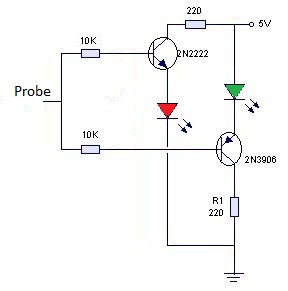 Very simple logic probe featuring a transistor.